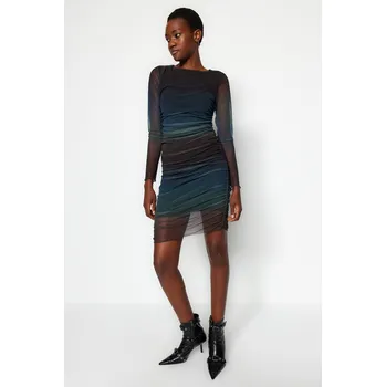 Dámské šaty Trendyol Vícebarevná posádka s výstřihem s potiskem Shromážděné detailní tělové mini pletené šaty Trendyol šedá 2404820