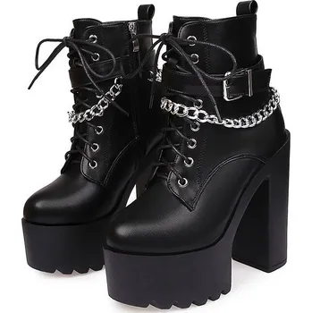 Dámské kozačky Kotníkové boty s ozdobným řetězem a pásky Barva: Černá, Velikost: 36