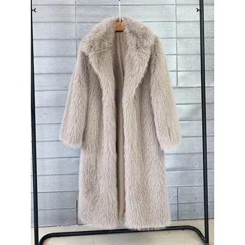 Dámský kabát Dlouhý zimní kabát chlupatý kožich s límcem Barva: Khaki, Velikost: L
