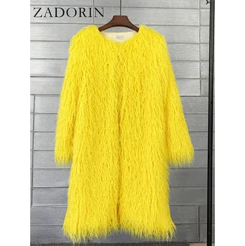 Dámský kabát Dlouhý chlupatý kožich s kulatým výstřihem Barva: Žlutá, Velikost: 2XL