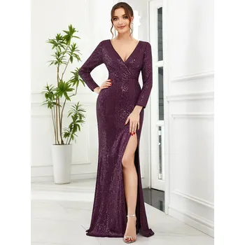 Dámské šaty Lesklé flitrové večerní šaty s výstřihem a dlouhým rukávem Barva: Fialová, Velikost: 6XL