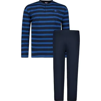 Pánské pyžamo Pánské pyžamo ADAMO dlouhé tmavě modré s proužky kulatý výstřih na 3 knoflíčky Adamo - 9XL