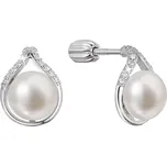 Stříbrné náušnice pecky slza s říční perlou a zirkony bílé 21096.1B
