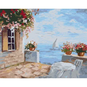 Hračka Diamondi Diamantové malování - TERASA S KVĚTINAMI U MOŘE Rozměr: 40x50 cm, Rámování: vypnuté plátno na rám