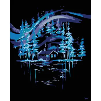 Diamondi Diamantové malování - POLÁRNÍ ZÁŘE NAD CHALOUPKOU Rozměr: 40x50 cm, Rámování: bez rámu a bez vypnutí plátna