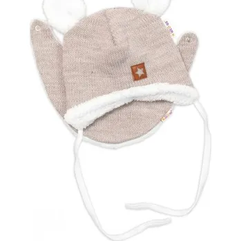 Čepice Pletená zimní čepice s kožíškem a šátkem Star, béžová, Velikost koj. oblečení 68-74 (6-9m)