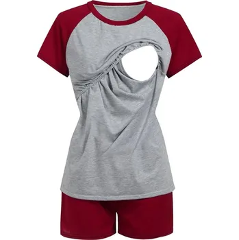 Dámské pyžamo Pohodlná těhotenské/kojící pyžamo - set tričko + šortky Barva: Červená, Velikost: S