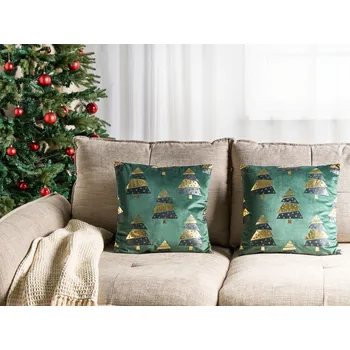 Polštář Sada 2 polštářů zelená sametová tkanina 45 x 45 cm Vzor vánočního stromku Odnímatelné potahy Obývací pokoj Ložnice Beliani