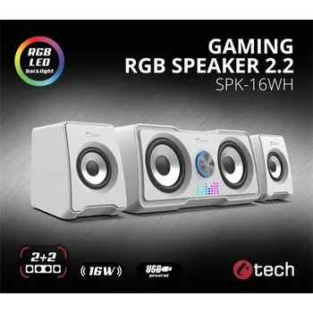 Audio C-TECH reproduktory SPK-16, 2.2, 16W, RGB podsvícení, 3,5mm jack, USB napájení, bílé