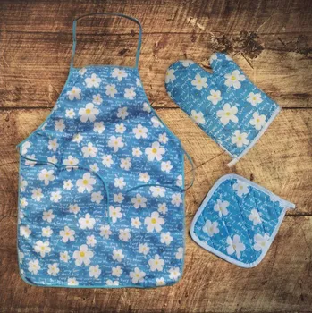 Kuchyňská zástěra Kuchyňský set trojdílný - Modré květy
