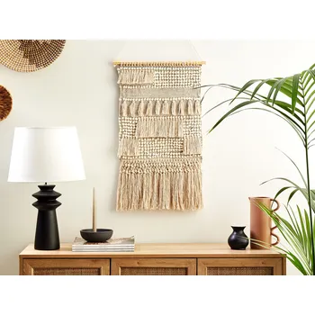 Obraz Závěs na stěnu Béžová bavlna ručně tkaný se střapci Nástěnná dekorace Závěsná Boho styl Obývací pokoj Ložnice Dětský pokoj Beliani