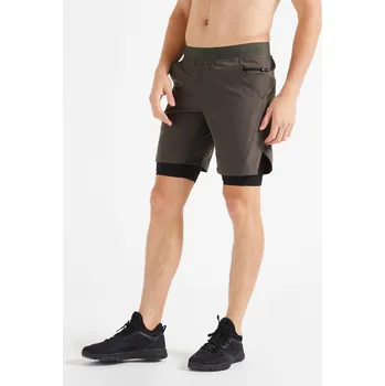 DOMYOS Pánské fitness kraťasy 2v1 2XL KAŠTANOVÁ|ZELENÁ