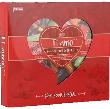 Čokoláda Mini čokoládky TI AMO dóza SRDCE 400 g - velké srdce - dárkové balení v krabičce (malé čokoládičky / čokoládová pochoutka / balení cca 90 ks / mix nápisů)