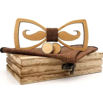 Motýlek Set dřevěného motýlku, kapesníčku a manžetových knoflíčků - Knír světlý, hnědý