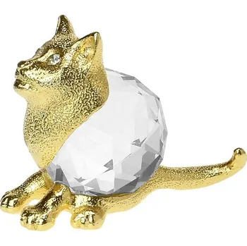Figurka Kovová pozlacená figurka kočka s bílým broušeným skleněným křišťálem