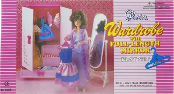 Doplněk pro panenku GLORIA Šatní skříň pro panenky Barbie růžová + zrcadlo