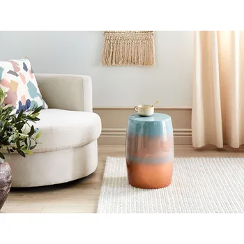 Nábytek Boční stolek zlatohnědý a modrý železný kulatý vršek tvaru bubnu v moderním stylu obývacího pokoje ložnice Beliani