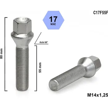 Šroubek na kolo Kolový šroub M14x1,25x55 kuželový, klíč 17, C17F55F, výška 80 mm