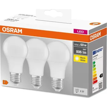 Žárovka Osram Sada LED žárovek klasik, 8,5 W, 806 lm, teplá bílá, E27, 3 ks LED CLA60 9W/827 220-240VFR E27 3KS