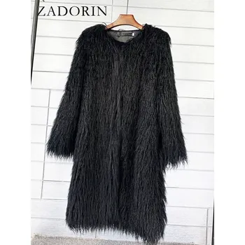 Dámský kabát Dlouhý chlupatý kožich s kulatým výstřihem Barva: Černá, Velikost: L