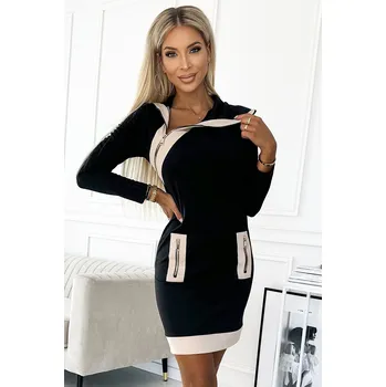 Dámské oblečení Černé přiléhavé šaty se zipy 497-1 black-beige Velikost: L