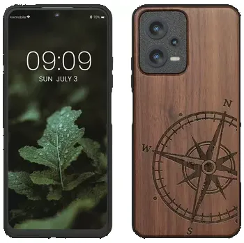 Pouzdro na mobilní telefon Dřevěné - silikonové pouzdro KWmobile na mobil Xiaomi Redmi Note 12 5G / Poco X5 5G Kompas (Pouzdro na mobil Xiaomi Redmi Note 12 5G / Poco X5 5G z přírodního dřeva s ornamentem + silikonová vanička - Kompas)