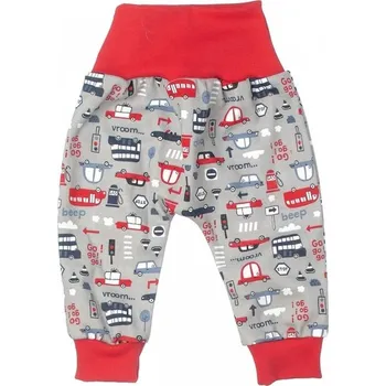 Tepláčky kojenecké bavlna - AUTÍČKA na šedém s červenou - vel.62