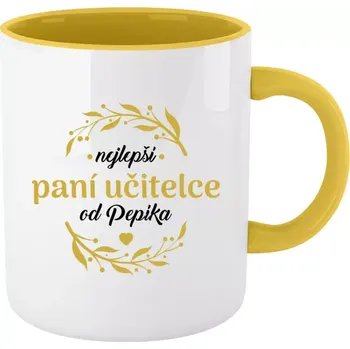 Hrnek pro učitelky - Nejlepší paní učitelce od Jméno - žlutý vnitřek a ucho 330 ml
