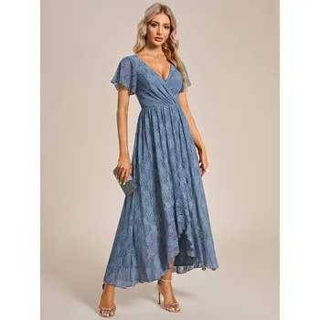 Dámské šaty Večerní šaty s výstřihem a krátkým průsvitným rukávem Barva: Mořská, Velikost: L