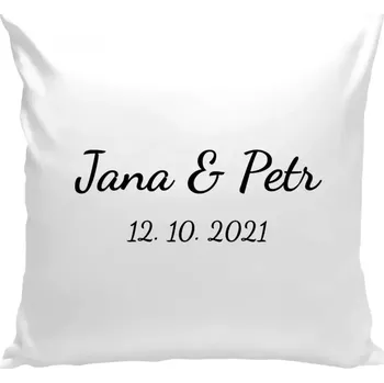 Polštář Polštář na svatbu nebo rozlučku - Jména a datum písmo 2 - bílá 40 × 40 cm