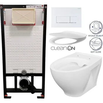 Klozet DEANTE Podomítkový rám, pro závěsné WC mísy + SLIM tlačítko bílé + WC CERSANIT CLEANON MODUO + SEDÁTKO CST_WC01 A51P MO1