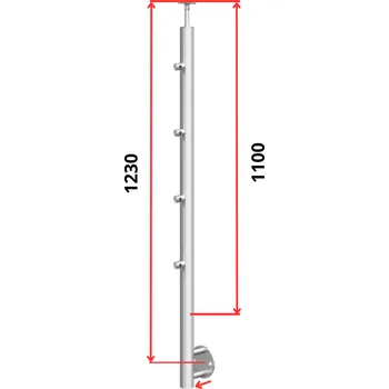 Zábradlí Hahn Steel Konfigurátor - nerezový sloupek O42,4mm - 4 x výplň O12mm - vnější, AISI 304 - brus, boční kotvení Typ držáku madla: Model 0718.242 - kulaté madlo ⌀42,4mm, Výška sloupku - nad podlahou: 1100mm, Parametry sloupku pod úrovní podlahy: 70*130mm