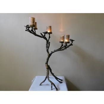 Svícen DESIGNOVÝ ZLATÝ KOVOVÝ SVÍCEN S PTÁČKY - MISKY SKLO