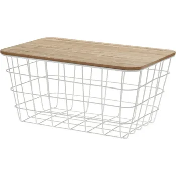 Úložný box Kovový košík s dřevěným víkem Lot, 31 x 22 x 16 cm, bílá