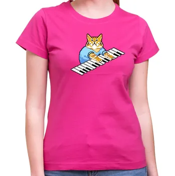 Pánské tričko Tričko - Kočka a klavír, Barva látky růžová , Střih Dámsky, Velikost S