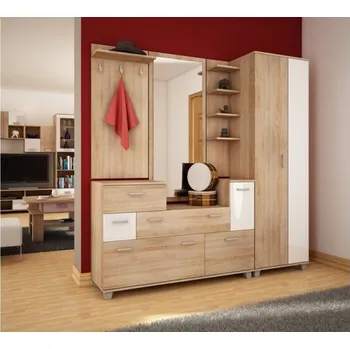 Předsíňová stěna Předsíň se skříní NALISE, dub sonoma světlý/bílý lesk , 5 let záruka + vyzvednutí ZDARMA