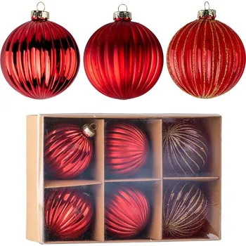 Vánoční ozdoba Koule sklo 6ks 60mm na stromeček mix, červená, zlatý glitr 124 gram