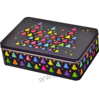 Dóza na potraviny BUON NATALE černá plechová dóza na sladkosti 7315 s malými barevnými stromky a žlutými hvězdičkami