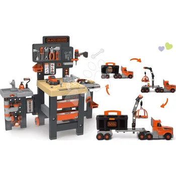 Set pracovní stůl trojkřídlý Black&Decker Mega Center a kamion Smoby s pracovním kufříkem a nářadím