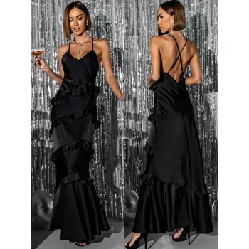 Dámské šaty Černé dlouhé elegantní šaty ARKAS s volány Velikost: S/M