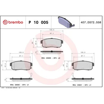 Brzdová destička Sada brzdových destiček, kotoučová brzda BREMBO P 10 005
