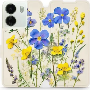 Pouzdro na mobilní telefon Flipové pouzdro Mobiwear - Xiaomi Redmi 13C - VP41S Modré a žluté kvítky (Knížkové flip pouzdro, obal, kryt na mobil Xiaomi Redmi 13C - VP41S Modré a žluté kvítky, materiál Umělá kůže + TPU - ochrana 360°, stojánek, silikonová vanička, magnetické zavírání