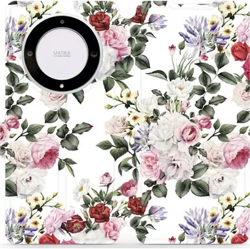 Pouzdro na mobilní telefon Flipové pouzdro Mobiwear - Honor Magic5 Lite 5G - MD01S Růže na bílé (Knížkové flip pouzdro, obal, kryt na mobil Honor Magic5 Lite 5G - MD01S Růže na bílé, materiál Umělá kůže + TPU - ochrana 360°, stojánek, silikonová vanička, magnetické zavírání)