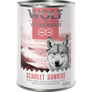 Krmivo pro psa 6x400g Wolf of Wilderness "Red Meat" - Scarlet Sunrise – čerstvé vepřové s lososem a tuňákem