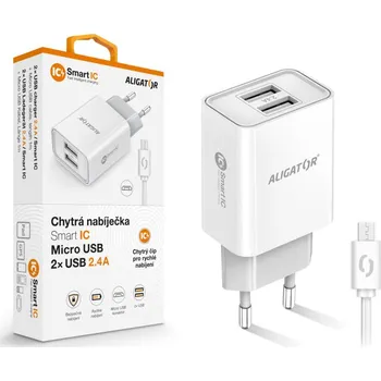 Stolní počítač Chytrá síťová nabíječka ALIGATOR 2,4A, 2xUSB, smart IC, bílá, micro USB kabel