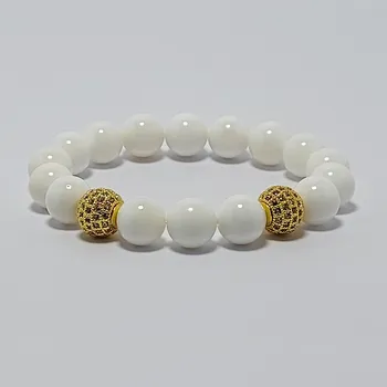 Náramek Damský náramek z minerálů 10 mm - přírodní bílé mušlové korálky a mosaz s zirkóny (Micro Pave) Z10D8