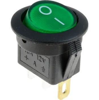 Kolébkový vypínač kulatý 12V, LED podsvícení Zelená