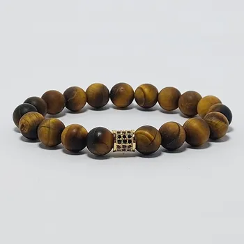 Náramek Pánský náramek z minerálů 10 mm - tygří oko matný a mosaz s zirkóny (Micro Pave)Z10P2