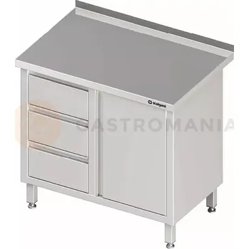 Kuchyňská linka Stůl nerezový přístěnný s blokem se třemi zásuvkami na levé straně a se skříňkou s křídlovými dvířky 900x600x850 mm | STALGAST, 980426090