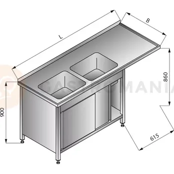 Nerezový dřez Stůl s dvoukomorovým dřezem na levé straně, se skříňkou s posuvnými dveřmi 1800x700x900 mm | LOZAMET, LO348/L